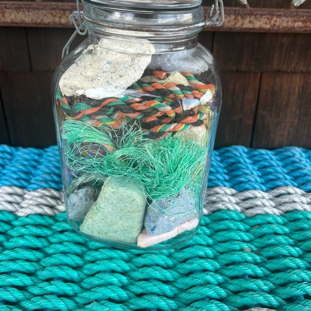 Vintage Glass Jar with Montauk Beach Finds. Sun bleached Buoys, Sea Rope etc